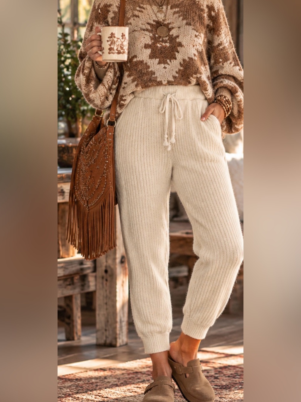 Free People Cream Ribbed Wool Blend Knit Joggers Cozy Lounge Pants